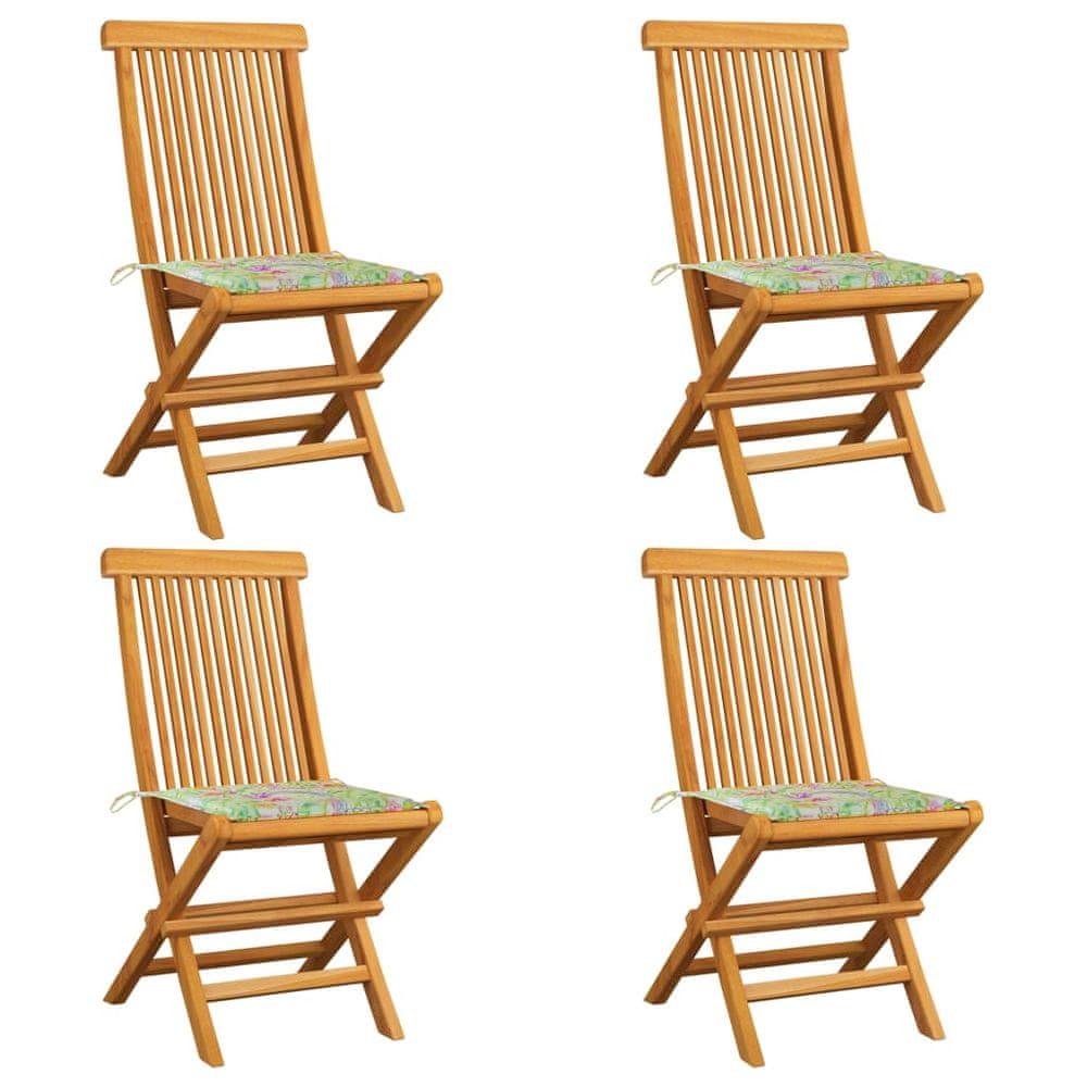 Vidaxl Záhradné stoličky+podložky, vzor s listami 4 ks, tíkový masív